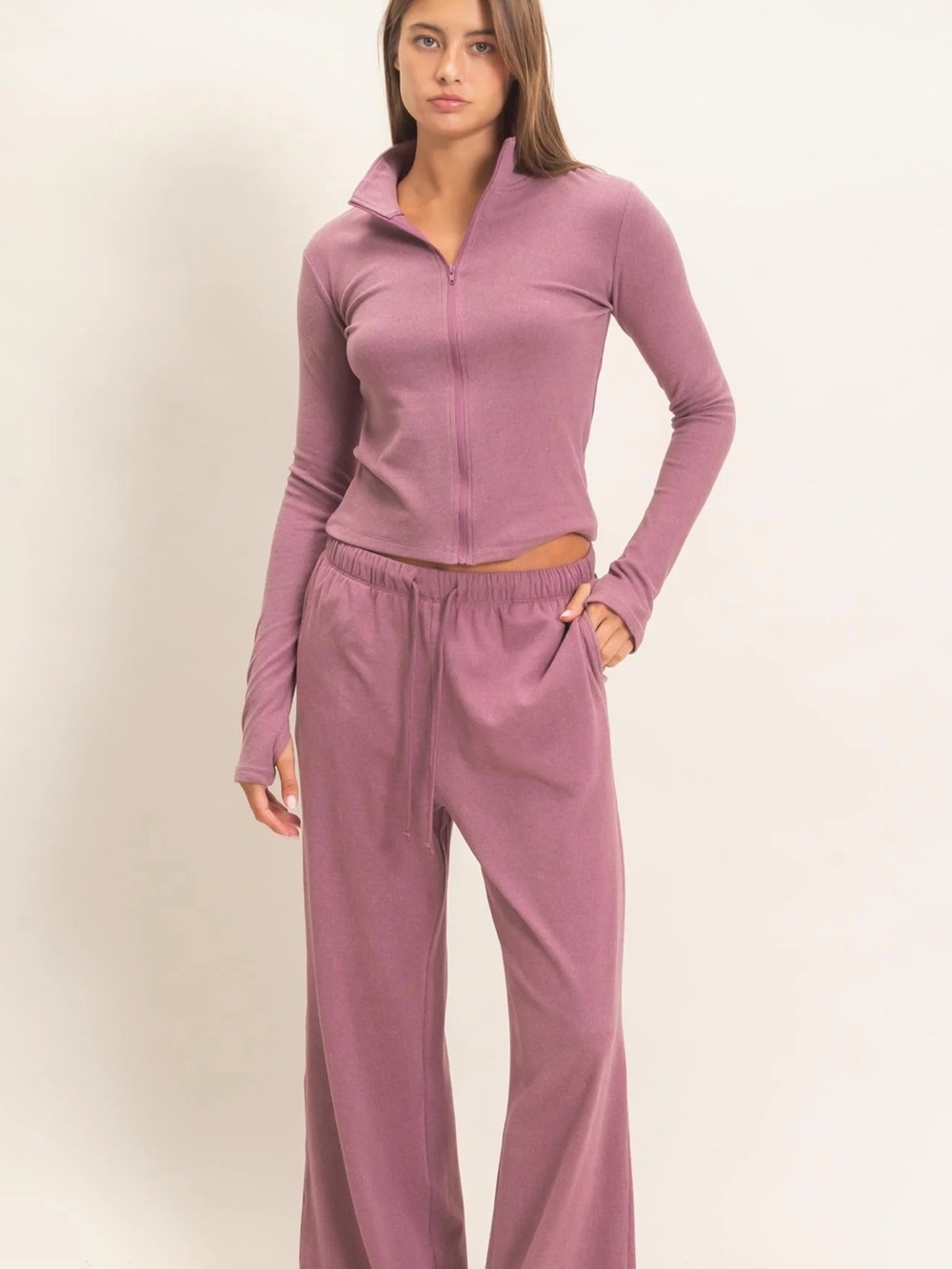 Dusty Mauve Plum Zip Up Top Wide Leg Pants Set Small